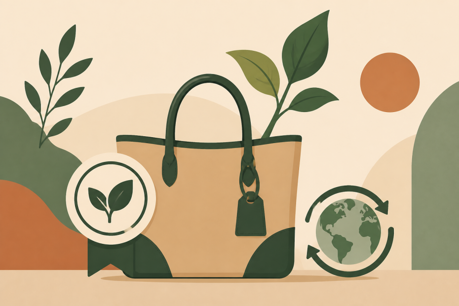 Chic tan and green handbag decorated with leaves, a plant badge, recycle globe, and sun—spotlighting the eco-fashion trend.
