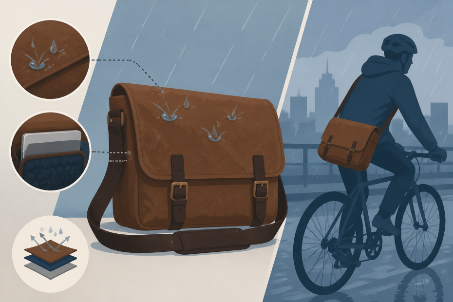 Chic waterproof brown messenger bag resists rain, featuring stylish details and worn by a cyclist—perfect for urban trendsetters.