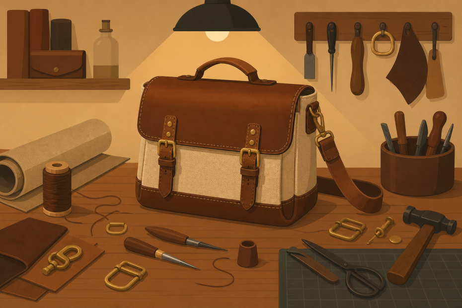 A chic brown and beige satchel, latest in artisanal fashion, rests amid leatherworking tools on a warmly lit workshop bench.