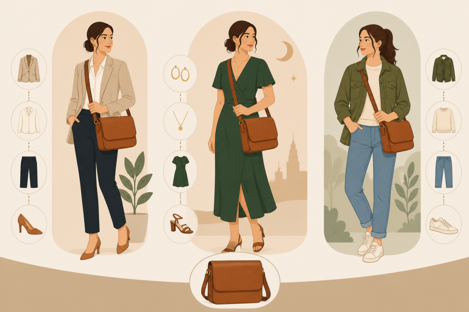 Three women showcase business, evening, and casual looks, each styled with a trendy brown crossbody bag and curated accessories.