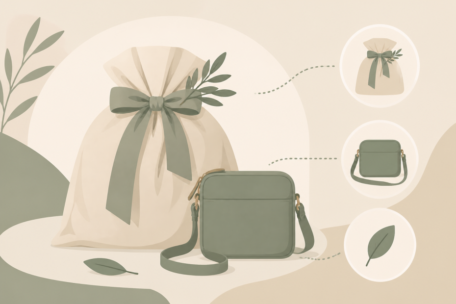 A chic green handbag paired with a leafy cloth gift bag—close-ups highlight trendy textures, all set on a beige abstract backdrop.