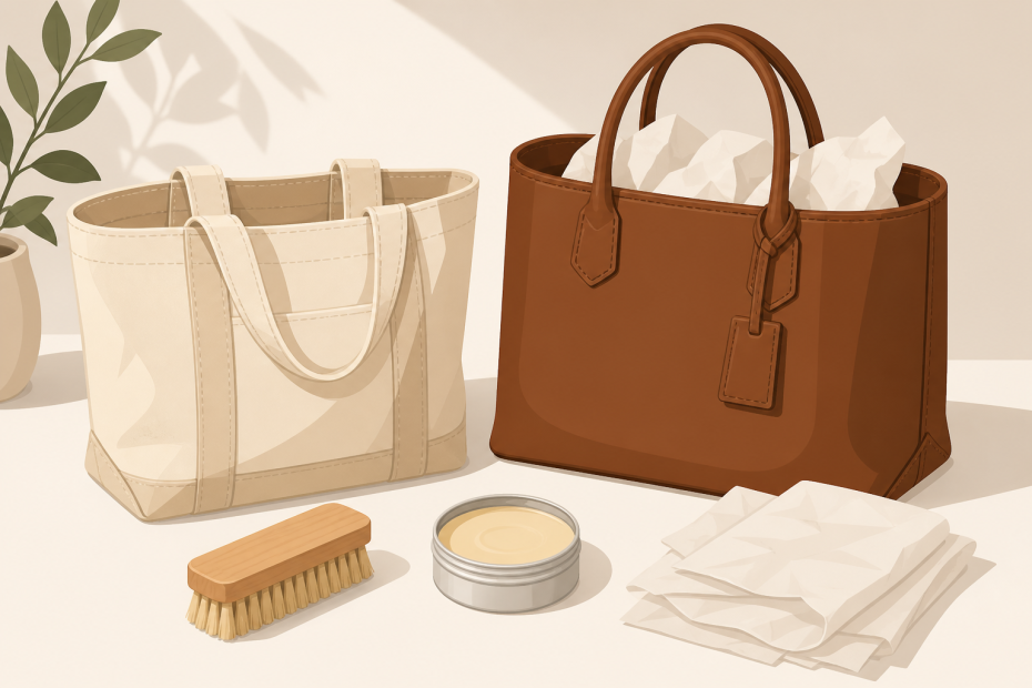 Stylish cream canvas and brown leather handbags rest on a table with care essentials—a must for trend-savvy accessory lovers.
