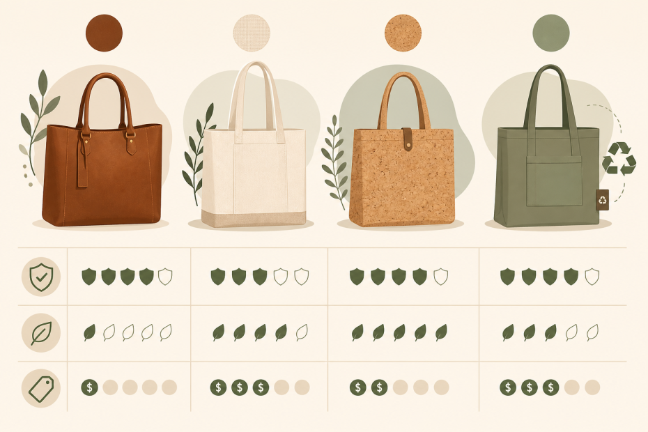 A lineup of four stylish tote bags—leather, canvas, cork, and recycled—pop above a chic chart comparing fashion-forward features.