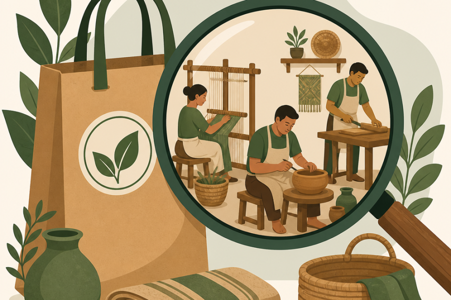 A magnifying glass zooms in on artisans weaving totes and baskets, highlighting the trend of sustainable, handmade fashion accessories.