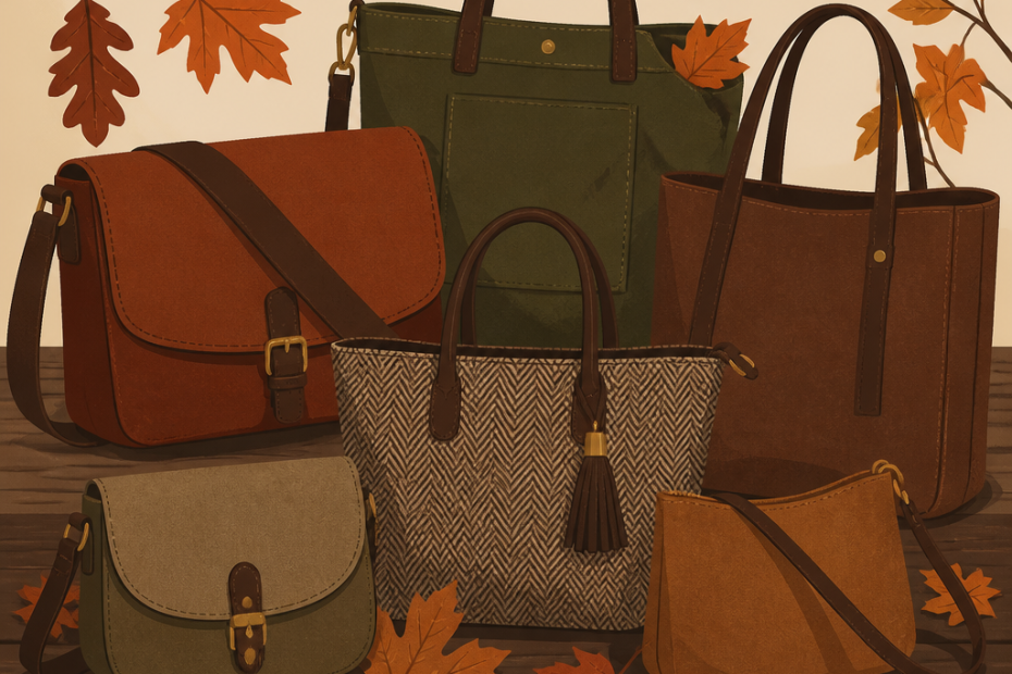 Six chic autumn-toned handbags rest on wood, accented by vibrant fall leaves—a trendy seasonal statement in accessories.