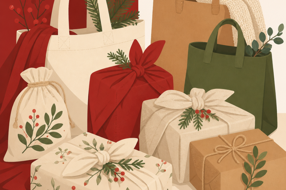 Chic, eco-friendly gifts in stylish reusable bags with greenery and berry accents show off a festive, nature-inspired holiday trend.