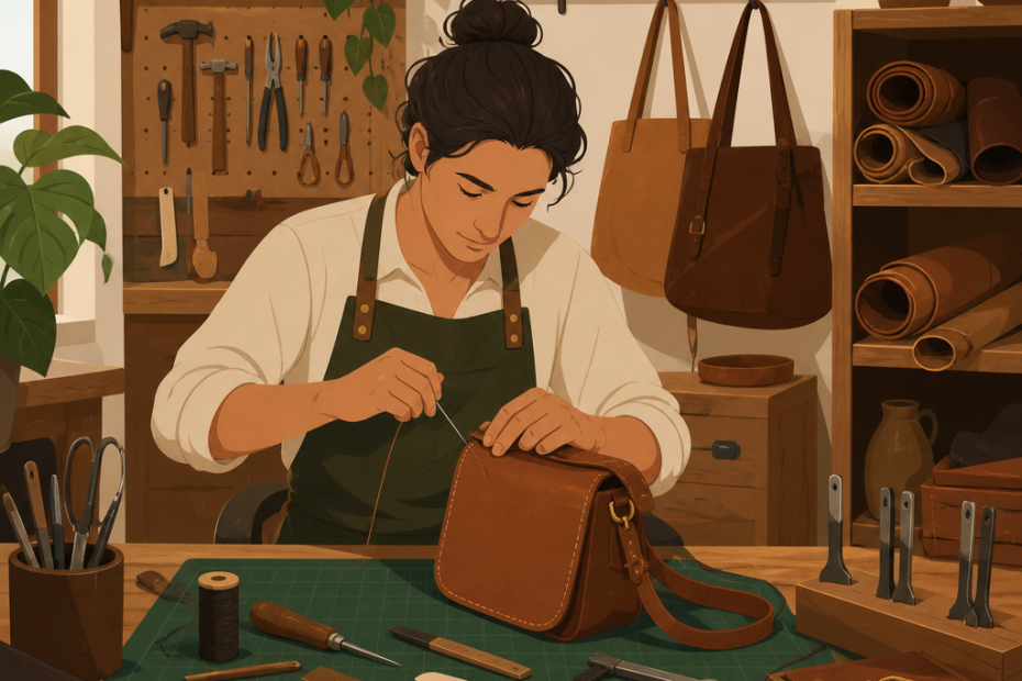 In a bright workshop, an artisan in an apron crafts a leather bag by hand—showcasing the artistry behind fashion accessories.