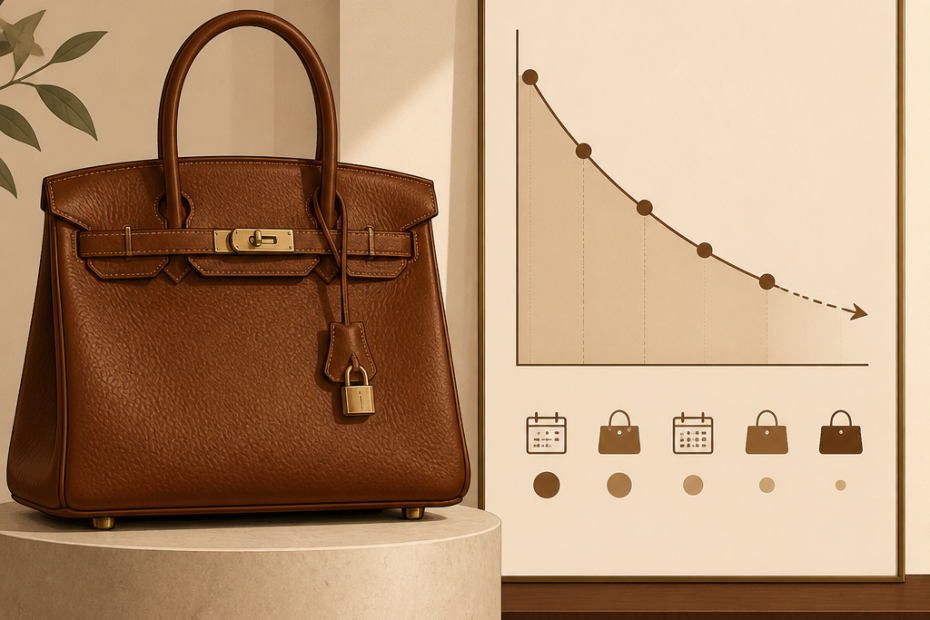 A chic brown leather handbag on display beside a trend chart highlighting the recent decline in handbag sales and fashion cycles.