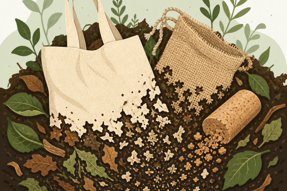 Eco-chic tote, burlap pouch, and cork case break down amid lush greenery, spotlighting the trend of biodegradable fashion accessories.