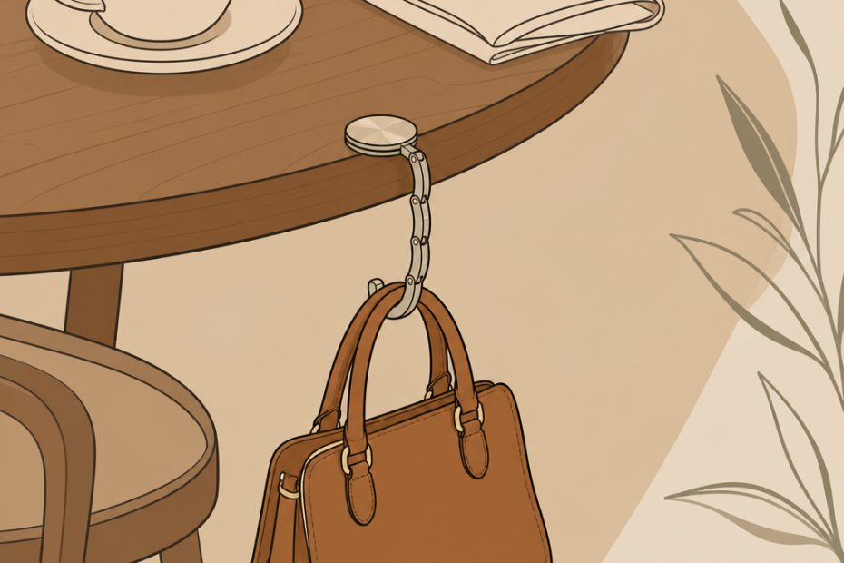 Chic brown purse hangs on a cafe table, paired with coffee and greenery—an inviting scene showcasing effortless everyday style.