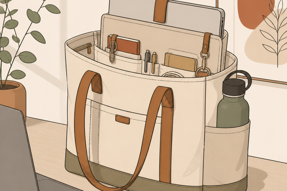 Chic beige tote bag, packed with work essentials, styled on a trendy desk setup—fashion meets function in a modern workspace.