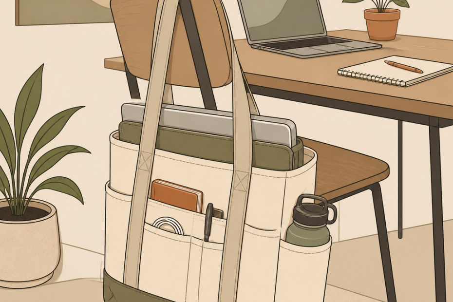 Chic tote bag brimming with office essentials hangs stylishly on a chair, blending fashion and function in a modern workspace.