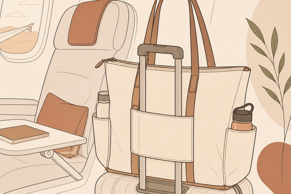 Chic beige tote and suitcase combo brings effortless travel style to an airplane cabin, paired with a book by the window seat.