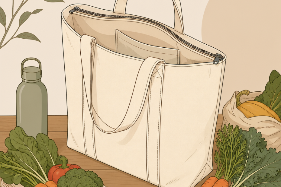 A chic beige tote bag, styled amid fresh veggies and a water bottle, channels eco-friendly fashion and farmers market trends.