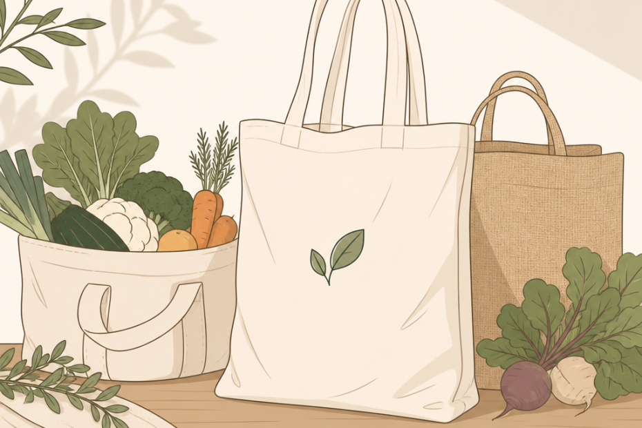 A stylish white leaf-print tote takes center stage, filled with fresh veggies—a chic nod to eco-friendly accessory trends.