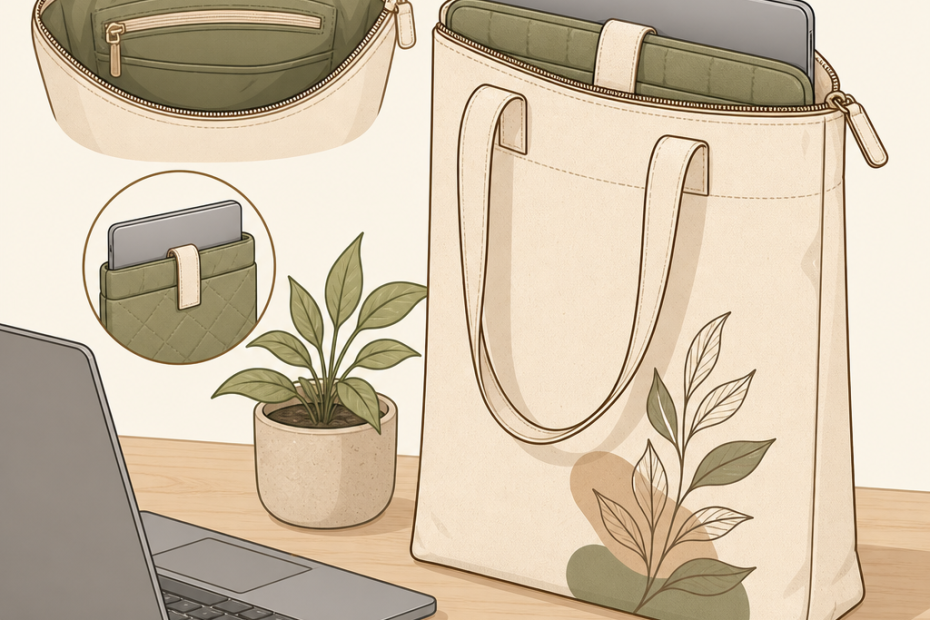 Leaf-print tote bag, a chic accessory for modern workdays, holds a laptop and essentials on a trendy wooden desk workspace.
