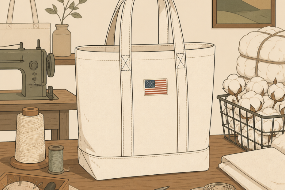 Trendy canvas tote bag with American flag patch, styled amid sewing tools—celebrating DIY fashion and patriotic accessories.