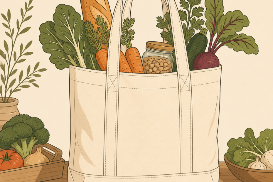 A stylish reusable tote brimming with fresh veggies, a baguette, and a jar, surrounded by colorful produce—eco-chic shopping in style.