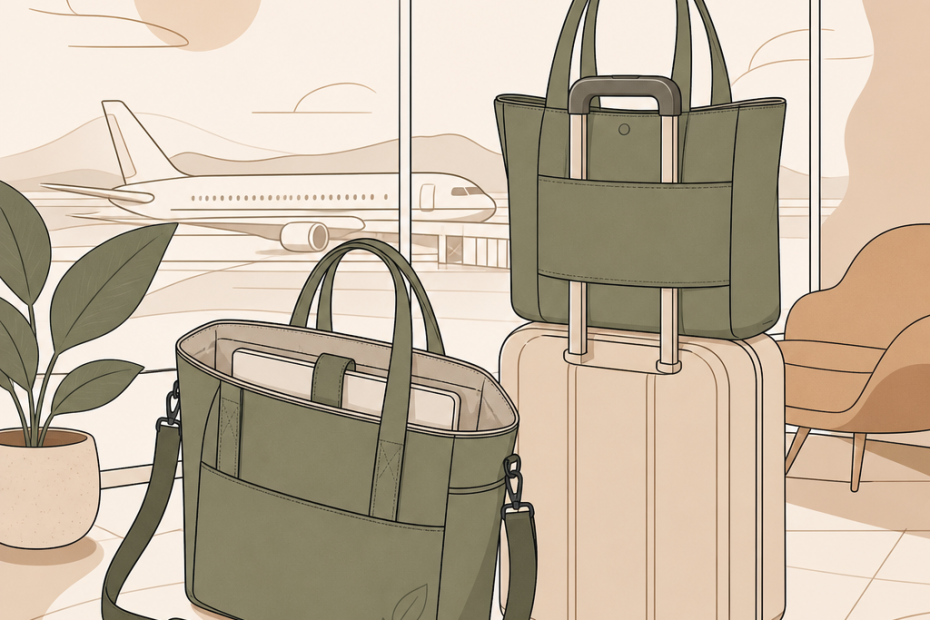 Chic green tote bags add a pop of style atop a suitcase in a modern airport lounge, with runway views and travel-ready flair.
