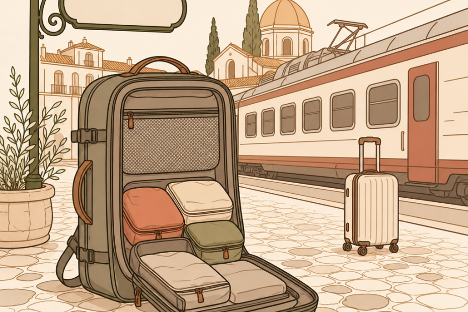 Chic, folded outfits fill an open suitcase beside a sleek train—travel style essentials meet European station allure.