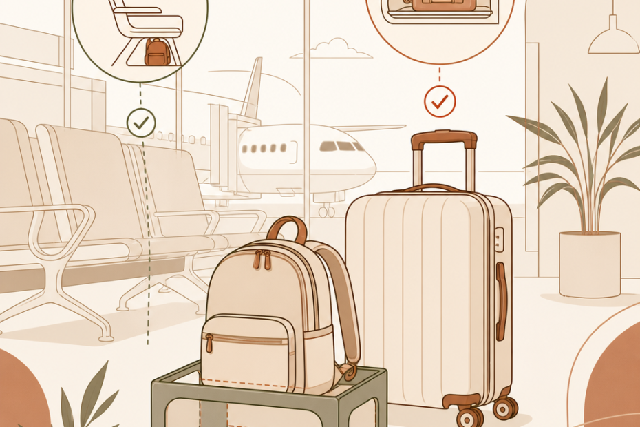 Chic airport scene showing trendy carry-ons: a sleek backpack under the seat and a stylish suitcase in overhead storage.