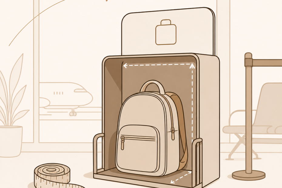 A stylish backpack is measured in an airport sizer as a plane takes off outside, spotlighting travel fashion and smart accessories.