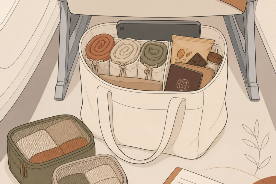 Chic tote under airplane seat with rolled clothes, passport, skincare, tablet; stylish packing cubes and boarding pass nearby.