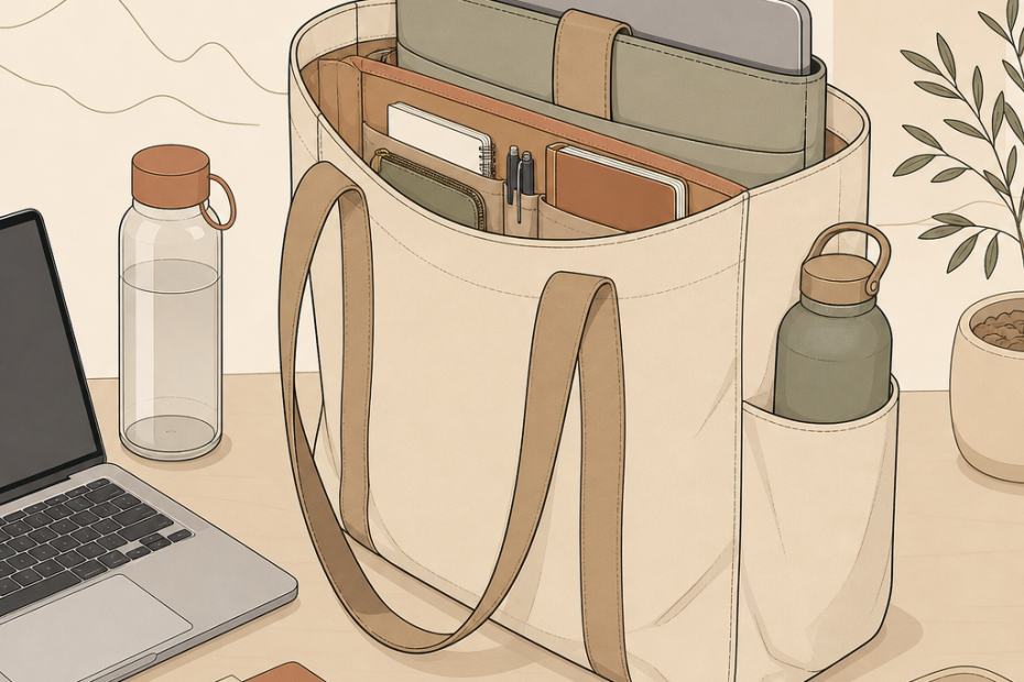 Chic beige tote with brown straps holds a laptop, notebooks, and essentials; minimalist desk and warm sunlight highlight modern style.