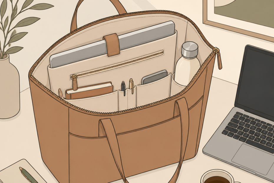 Chic brown tote with stylish pockets, carrying work essentials—laptop, notebooks, water bottle—trendily displayed on a modern desk.