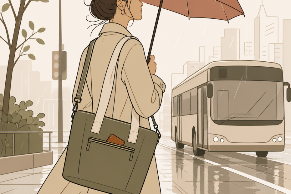 Chic woman in a classic trench coat and stylish bag steps through rainy city streets, umbrella in hand, with reflections lighting her path.