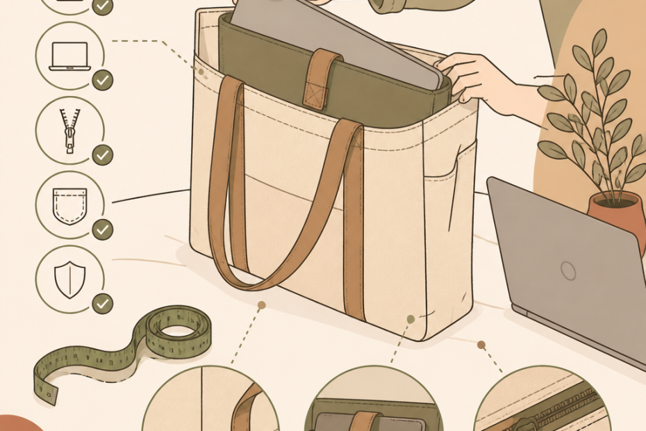 Chic illustrated guide: a laptop slides into a trendy beige tote. Close-ups flaunt stylish pockets, padded lining, and luxe details.
