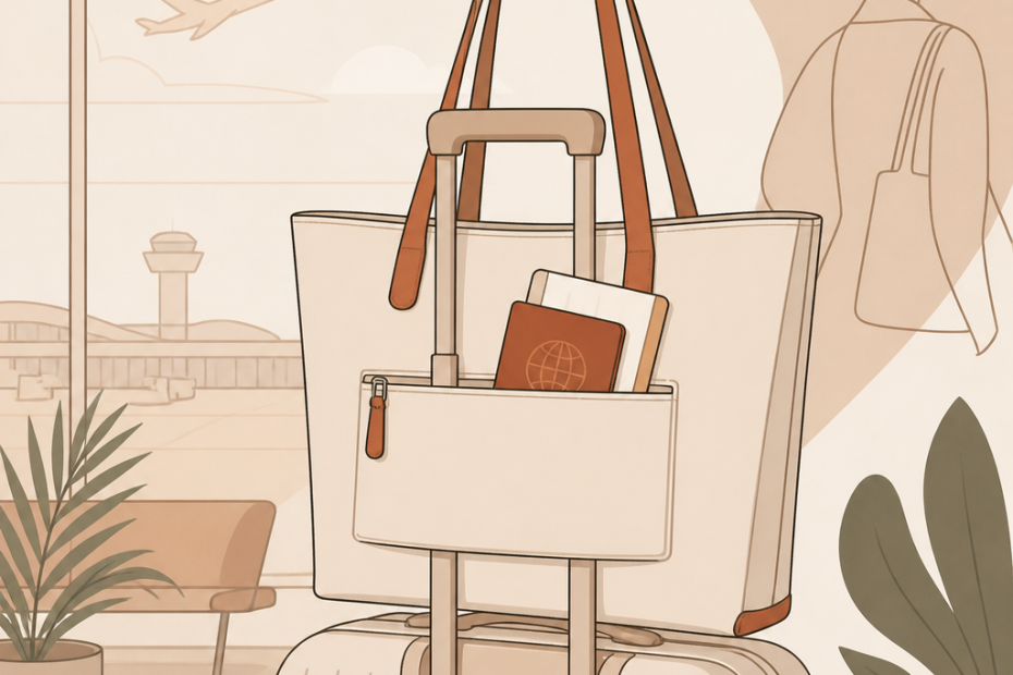 Chic luggage with a passport and phone in an airport lounge; stylish traveler passes by as a plane departs, greenery accenting the scene.