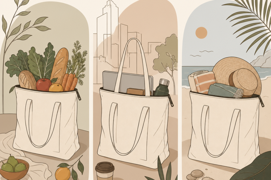 Chic white tote bags styled for shopping, city life, and beach days—versatile accessories set against vibrant illustrated backdrops.
