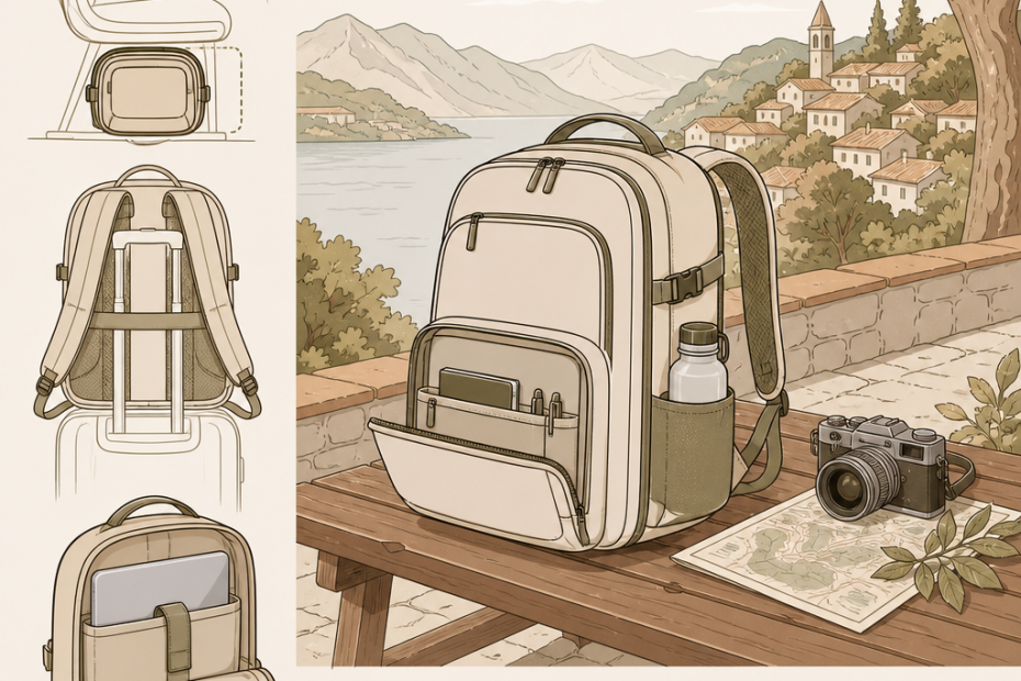 Chic lakeside backpack with travel icons, showing functional pockets for laptop, camera, and bottle—a smart style accessory.
