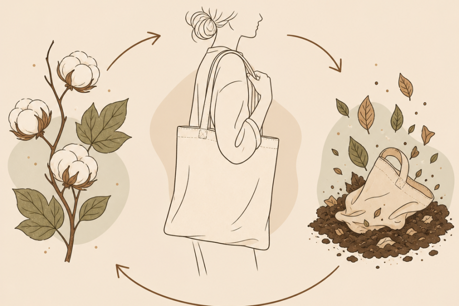 Chic illustration tracing a cotton tote’s stylish life cycle—from plant to accessory to its eco-trendy, biodegradable return to earth.
