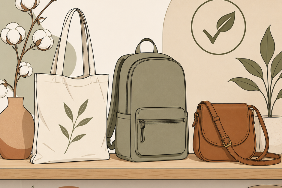 Chic eco-friendly tote, backpack, and satchel showcased on wood shelf with plants and a green checkmark—sustainable style trend.