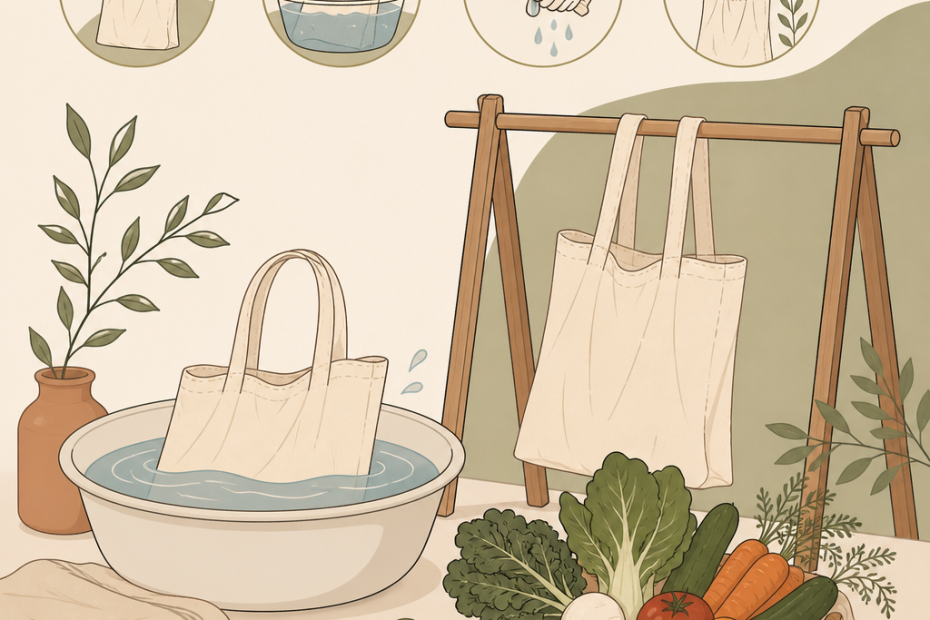 Chic guide to caring for your stylish reusable bag: soak, rinse, wring, and hang dry—eco-accessory meets fresh market haul.