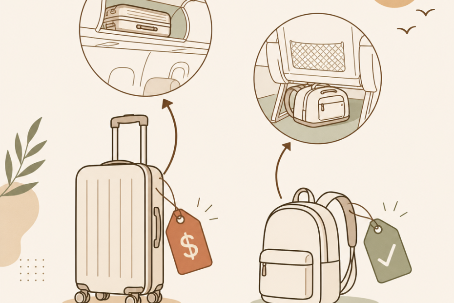 Chic suitcase with a trendy price tag for overhead bins and a stylish backpack with a checkmark for underseat storage—flight fashion essentials.
