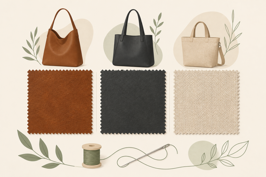 Three chic handbags in brown, black, and beige sit above swatches, thread, and needle, styled with botanical prints—a fashionista’s palette.