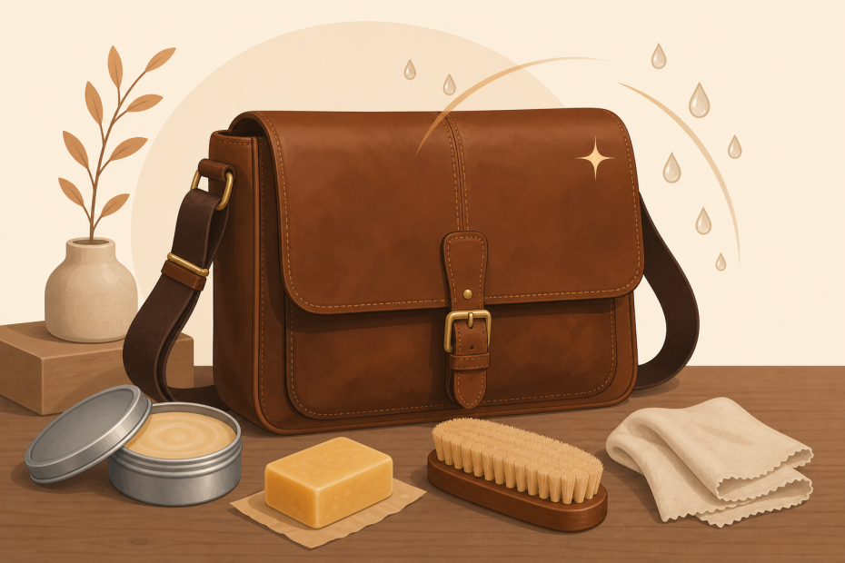 A stylish leather satchel on a table with care tools and polish, highlighted by water drops to showcase durability and premium fashion.
