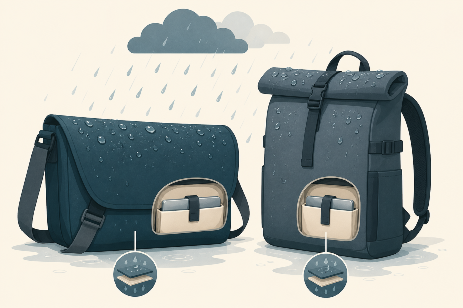 Chic waterproof messenger and backpack bags with trendy beige pockets shield smartphones from rain, highlighting water-repellent style.