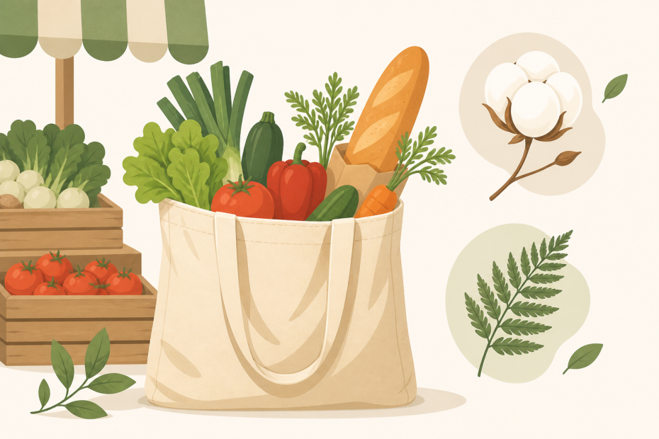 A stylish reusable cotton tote brimming with veggies and a baguette sits by market crates, evoking chic eco-friendly fashion trends.