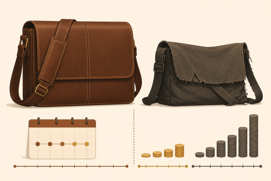 A new brown shoulder bag and an old worn one sit above a calendar and coins, highlighting the timeless value of quality fashion accessories.