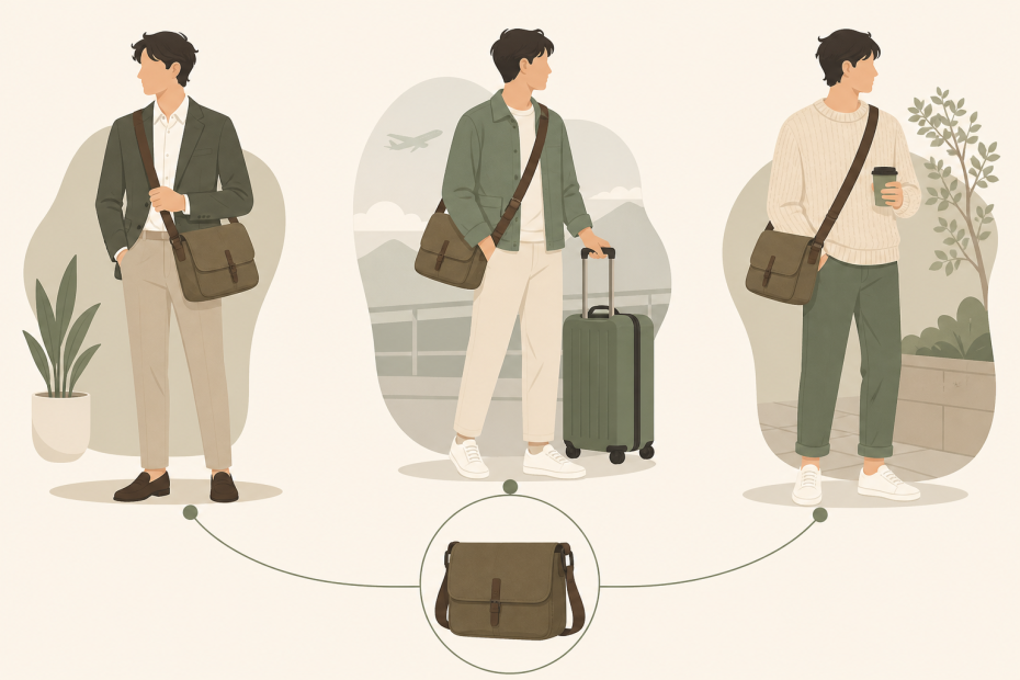 A stylish green messenger bag elevates three looks—business, travel, and casual—proving its versatility in modern men’s fashion.