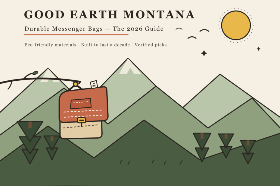 Stylish brown messenger bag set against green mountains and sun; “Good Earth Montana: Eco-Friendly Bags—2026 Guide” text shown.