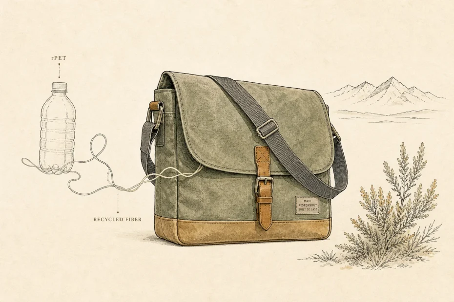 Stylish recycled messenger bag crafted from plastic bottles, with eco-themed accents, spotlights the sustainable fashion accessory trend.