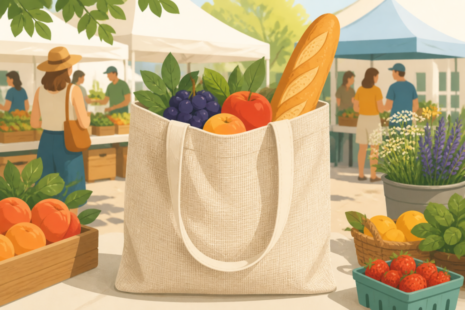 A chic canvas tote brimming with bread, fruit, and greens rests on a market table—an eco-friendly accessory for trendsetters.