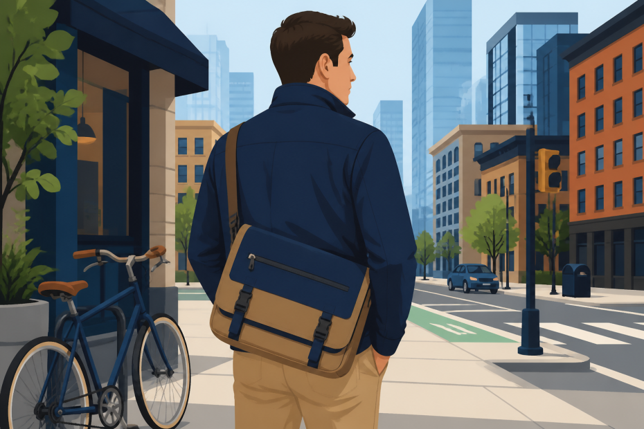 Stylish man with brown hair rocks a navy jacket, khaki pants, and trendy beige messenger bag on a chic city street.