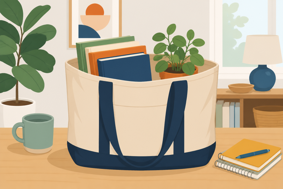 Chic beige tote with navy straps—this on-trend accessory sits stylishly on a desk amid books, plants, and sunlit décor.