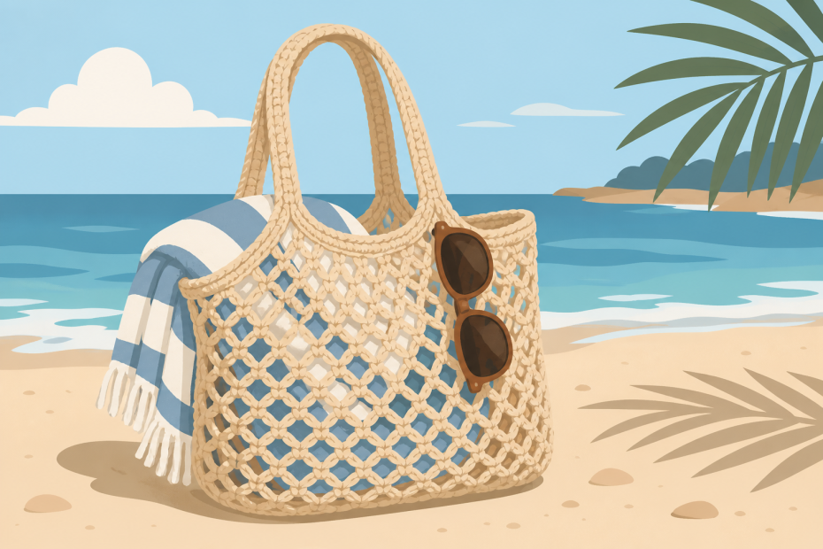 Chic woven beach bag with striped towel and stylish sunglasses on sand, set against ocean waves and palm leaves—a summer style must-have.
